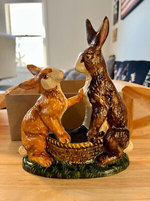 Vaillancourt Folk Art #657 Two Rabbits Sitting Around Basket - Rare New in Box