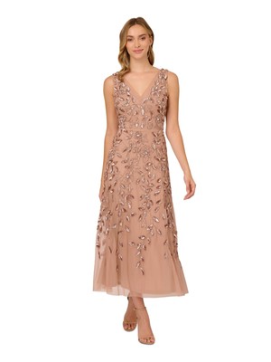 ADRIANNA PAPELL Womens Pink Lined Sleeveless Midi Formal Dress Petites 10P