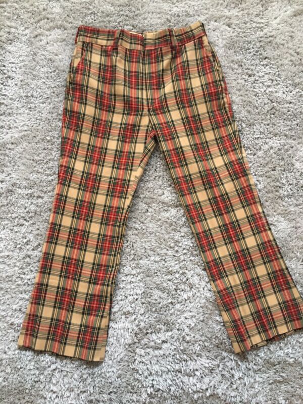 Vintage 70’s Kazoo Plaid Wide Leg Pants Mens W34 L39 Retro Red Green Brown.