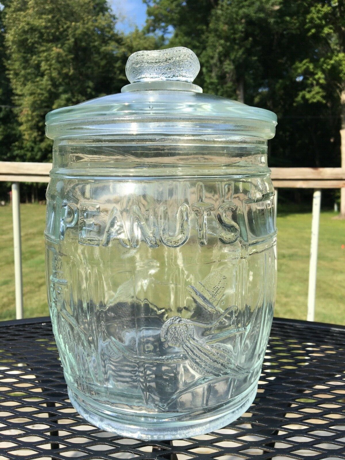 VINTAGE PLANTERS MR. PEANUT "RUNNING" BARREL JAR ORIGINAL LID WITH