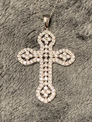 1.50CTW White Cubic Zirconia Rhodium / Sterling Silver Cross Pendant & Chain 18''