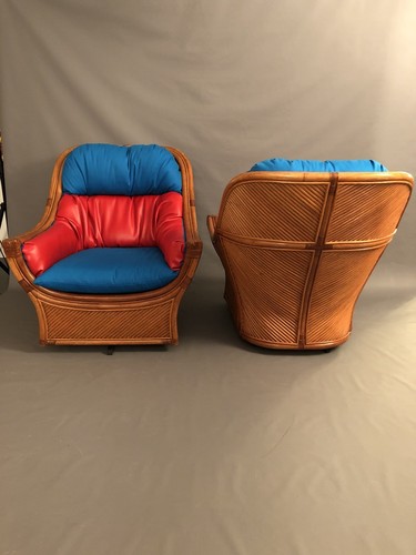 Mid-Century Pair Rattan Bamboo Swivel  Arm Chairs