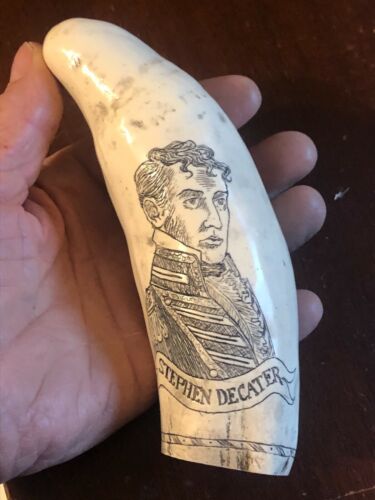 Scrimshaw Sperm whale tooth resin REPRODUCTION STEPHEN DECATUR / CONSTITUTION 8"
