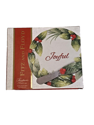 Fitz and Floyd Tartan Christmas Joyful Snack Plate and Spreader NEW In Box