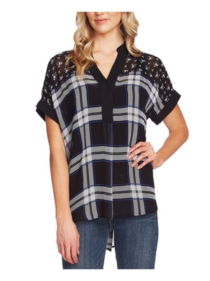 

VINCE CAMUTO Женский черный топ с короткими рукавами и V-образным вырезом с принтом Hi-Lo