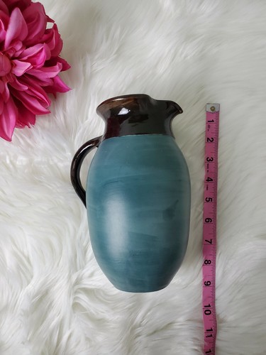 Ceramic Pottery Lip Vase Hand Painted Turquoise And Brown with Handle