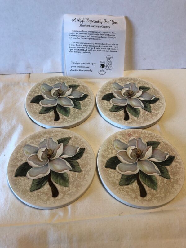 Absorbent Stoneware Coaster Set Of 4 Gardenia Flowers