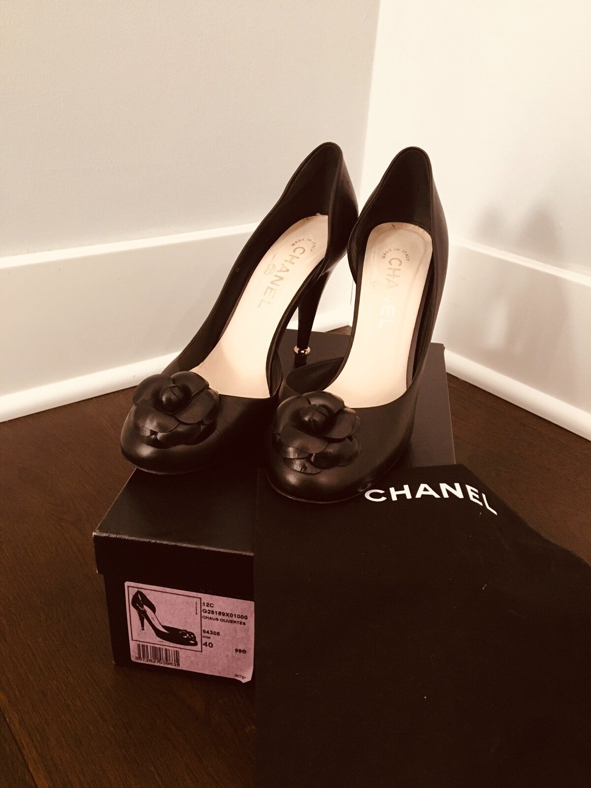 Chanel Leather Pumps Camellia Black Flower 2 Pairs size 40