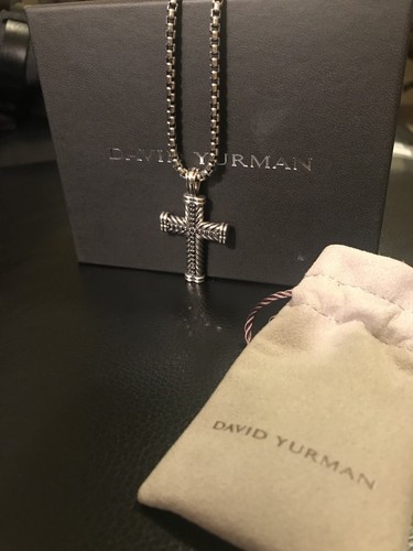 David Yurman Sterling Silver Chevron Cross Pendant w Black Diamonds & 22