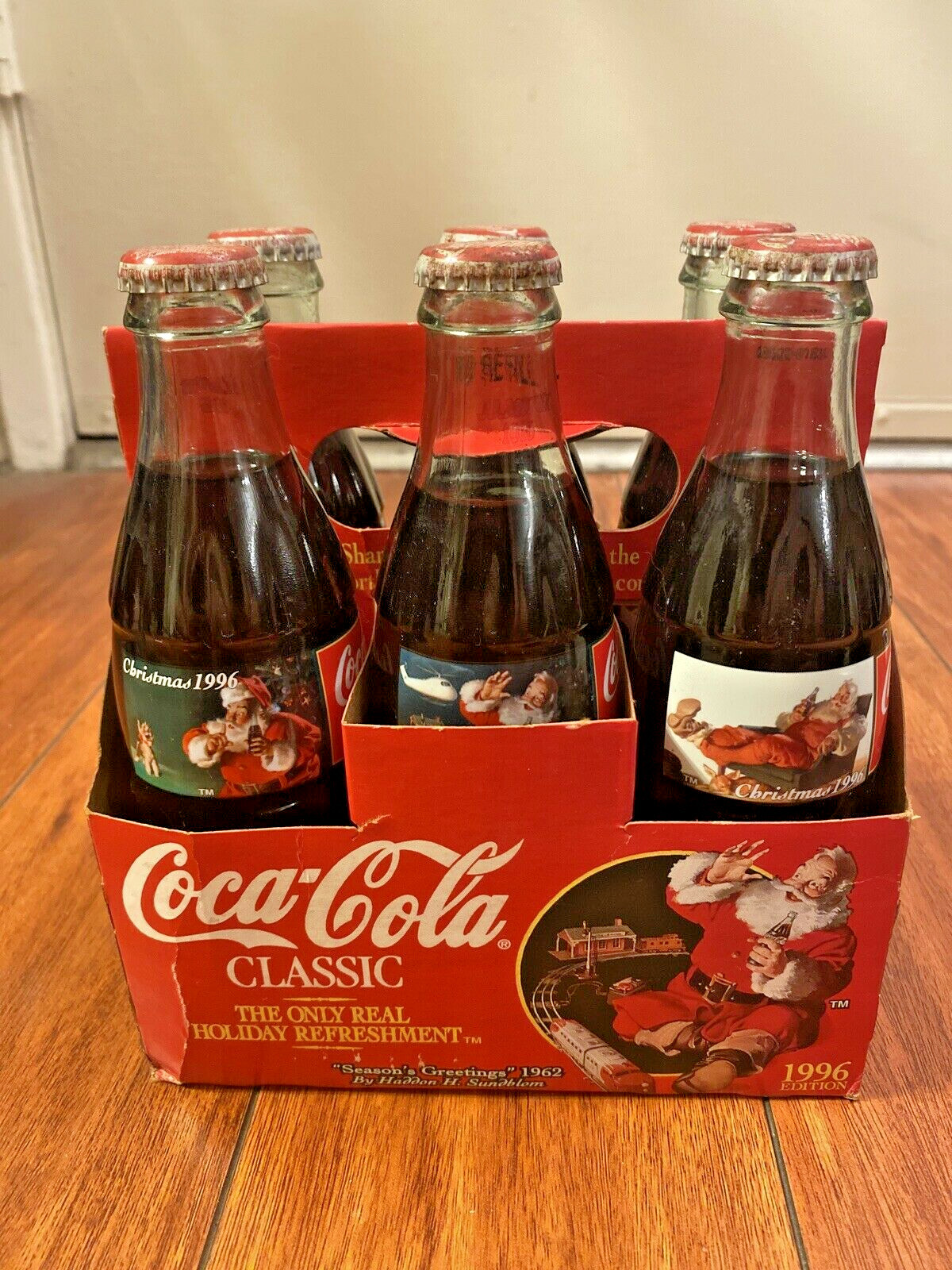 VTG 6 COCA-COLA CLASSIC GLASS COKE BOTTLES CHRISTMAS 1996