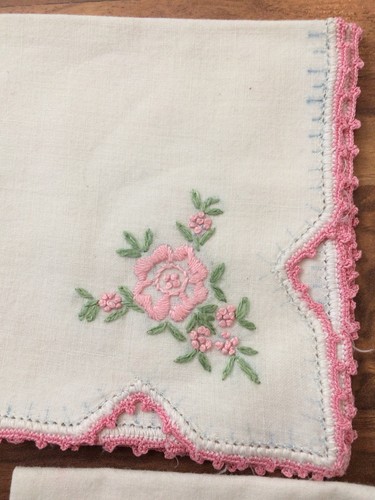 Vintage White Hankies Pink Crocheted Lace Edge Trim & Pink and Blue Flowers