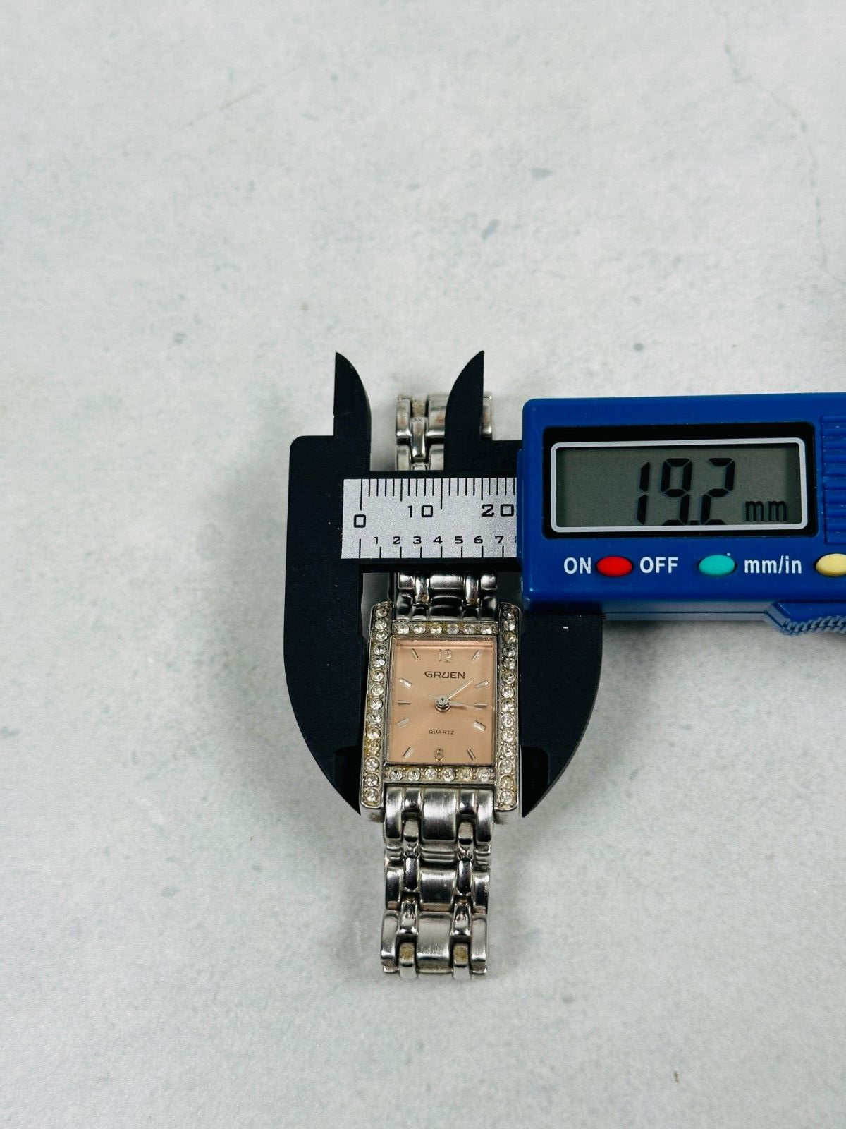 Gruen Watch Womens 19mm Rhinestone Bling Bezel Silver Tone Quartz New Battery