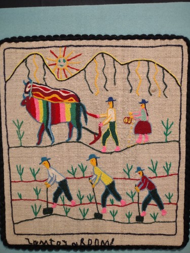 Children Of Chijnaya Vintage wool embroidery on wood frame Life Peruvian Andes