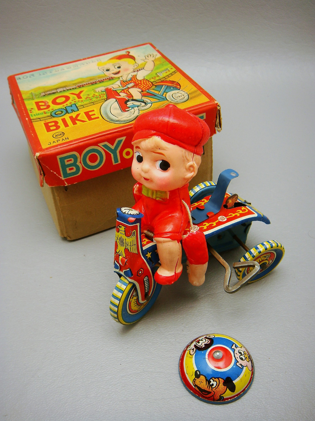 Vtg Tin Aoki Japan Boy On Bike Celluloid Wind Up Toy Parts Original Box