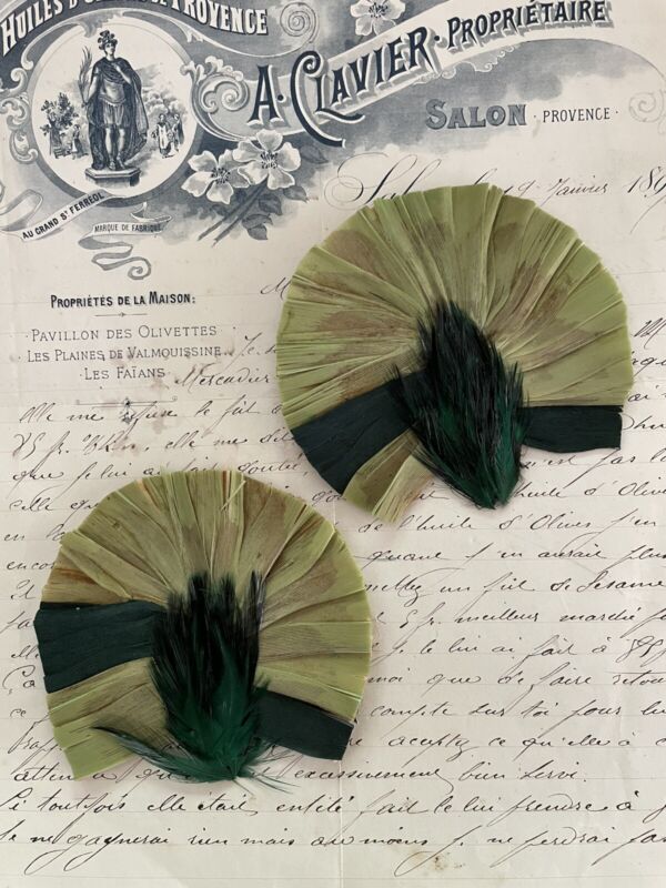 SALE - 2 Wonderful Vintage /Antique Dark Green/Green Feather Trim Millinery