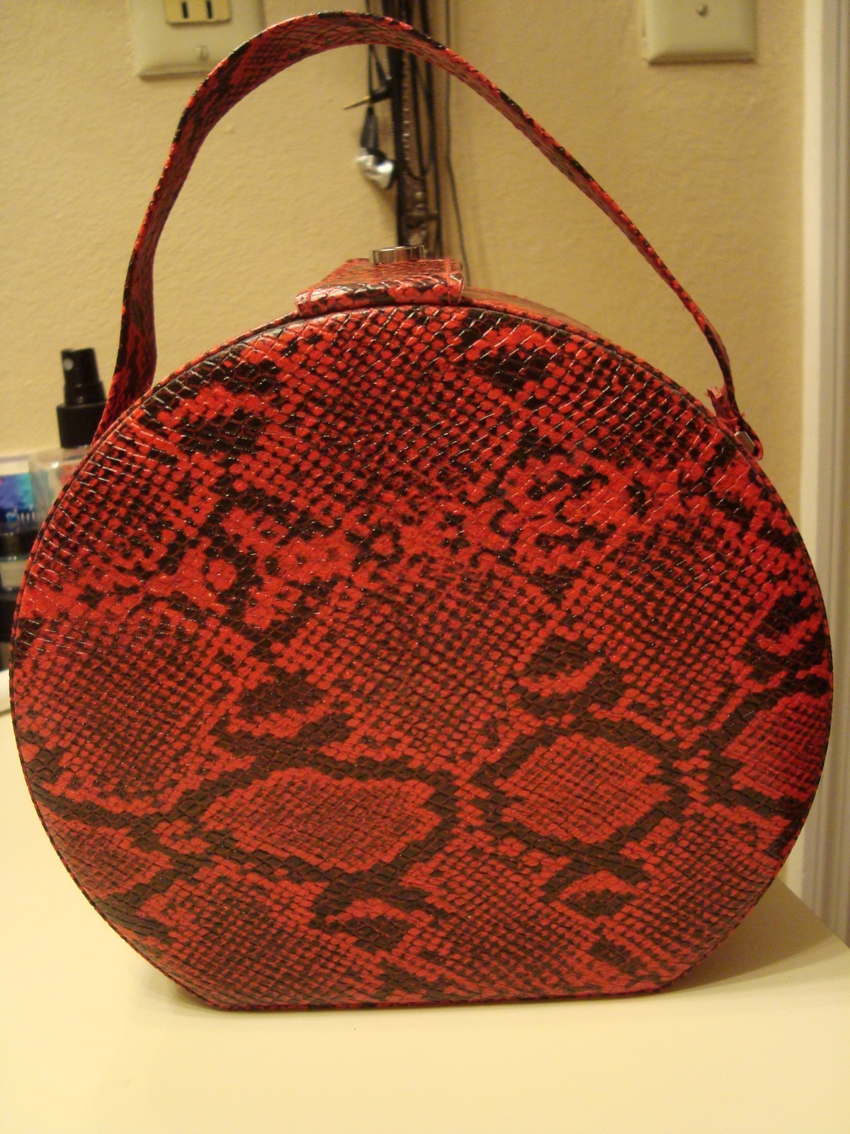 Round Makeup Case with handle Red Faux Snake
