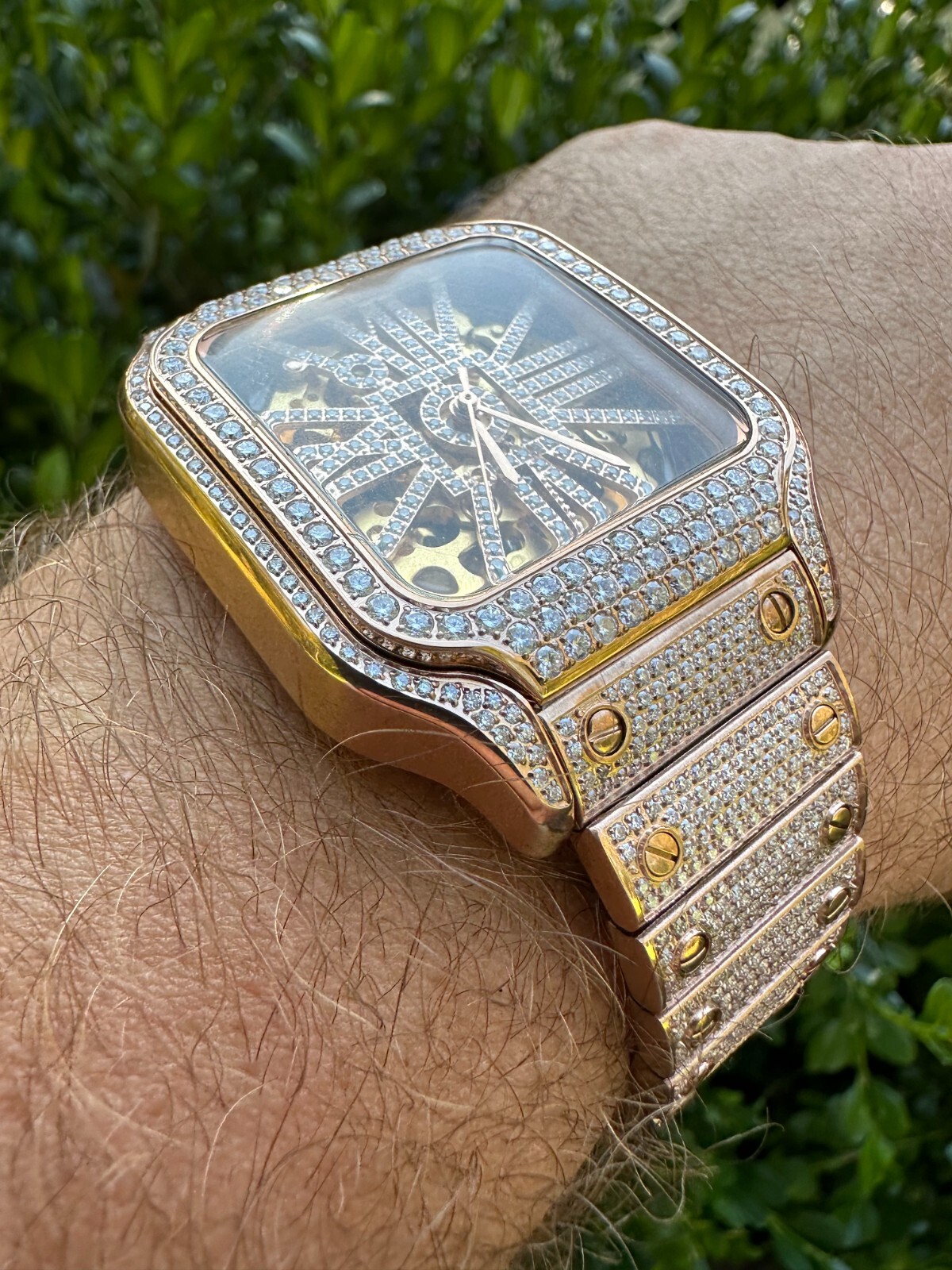 Pre-owned Hip Hop Real Mens Moissanite 14k Rose Gold Watch Iced Automatic Movement Hiphop Skeleton