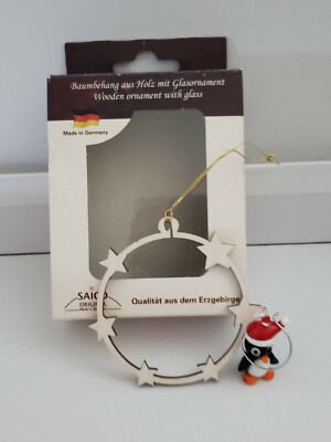 Saico Wooden Christmas Ornament With Glass Penguin Made In Germany NEW
