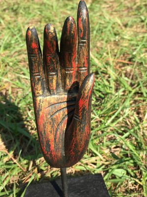 Vintage Carved Wooden Hand Statue on Black Wood Stand Makes Unique Gift Unusual
