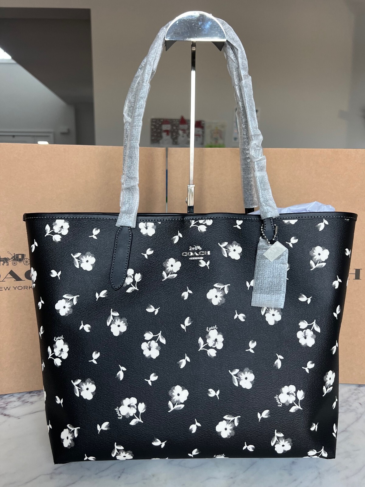 Coach City Tote With Floral Print CP073 Silver/Black Multi