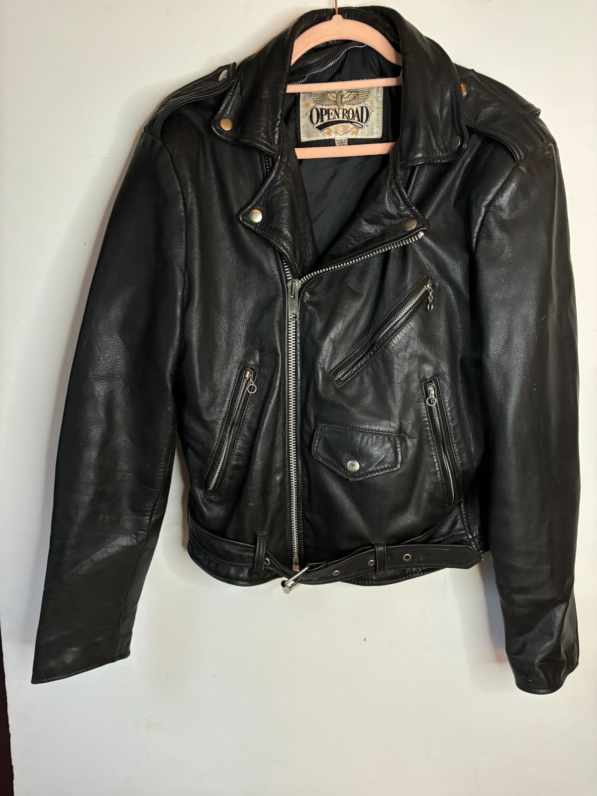 Vintage Open Road Leather Motorcycle Jacket Black Men 40