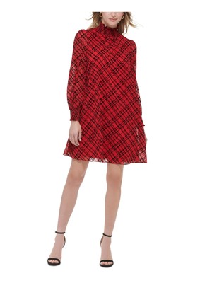TOMMY HILFIGER Женское красное клетчатое платье-трапеция с длинным рукавом Petites 2P