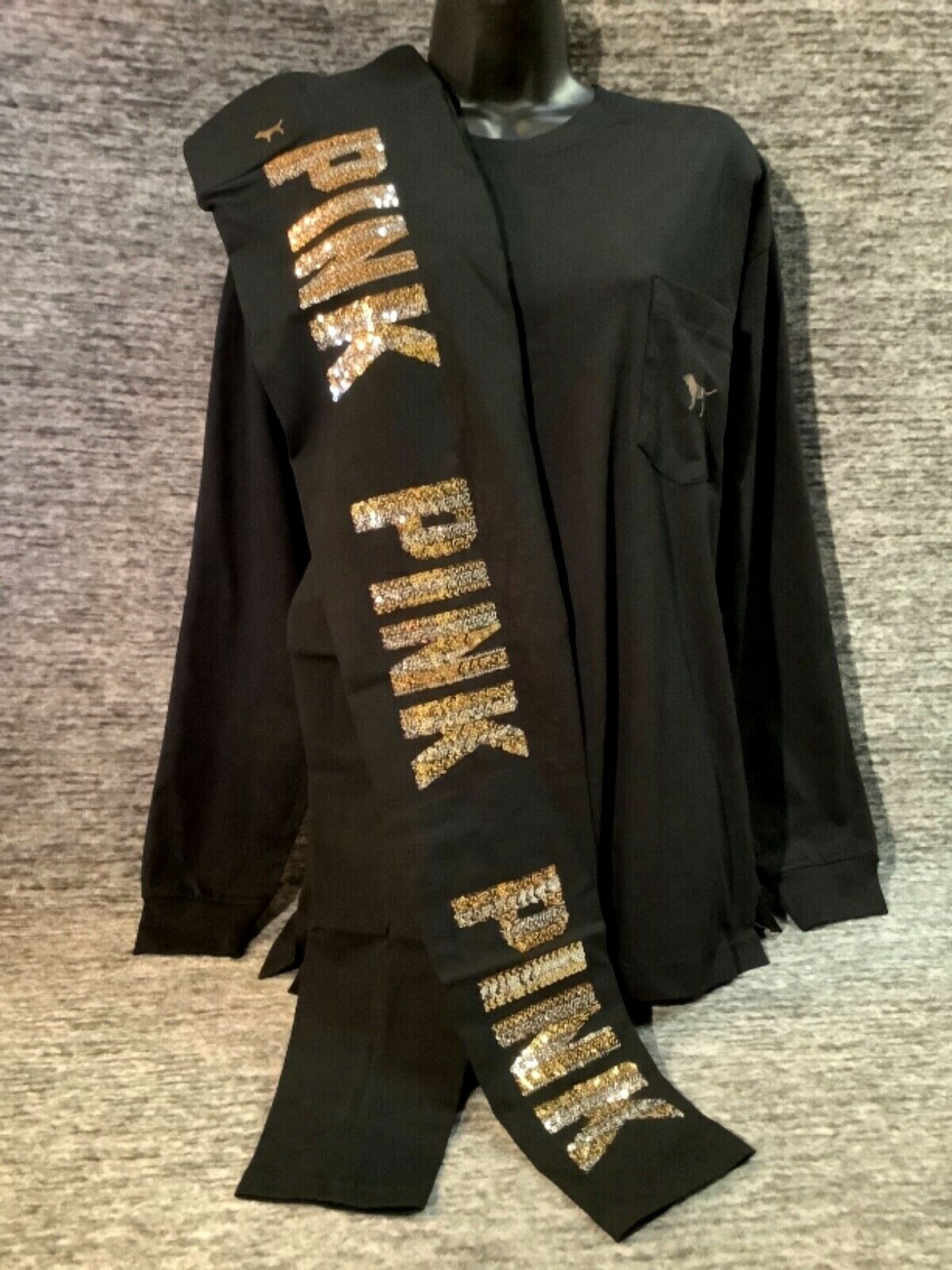 Pre-owned Victoria's Secret Pink Bling Campus Tee Shirt + Leggings Set Black Dog Logo M