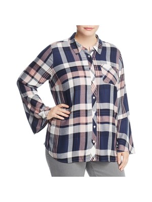 Женский темно-синий топ с закругленным подолом и расклешенным рукавом-клеш от VINCE CAMUTO, застегивающийся на пуговицы, плюс 3X