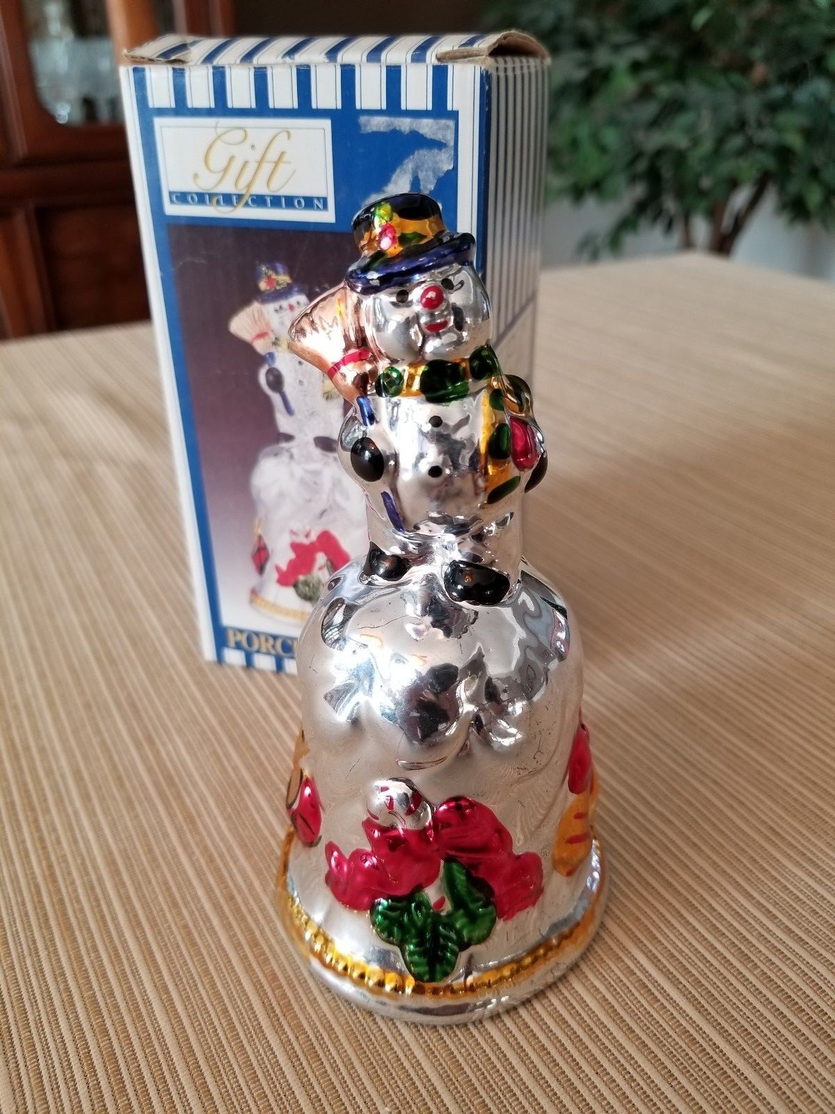 Vintage Porcelain Snowman Christmas Bell With Working Clinger & Original Box