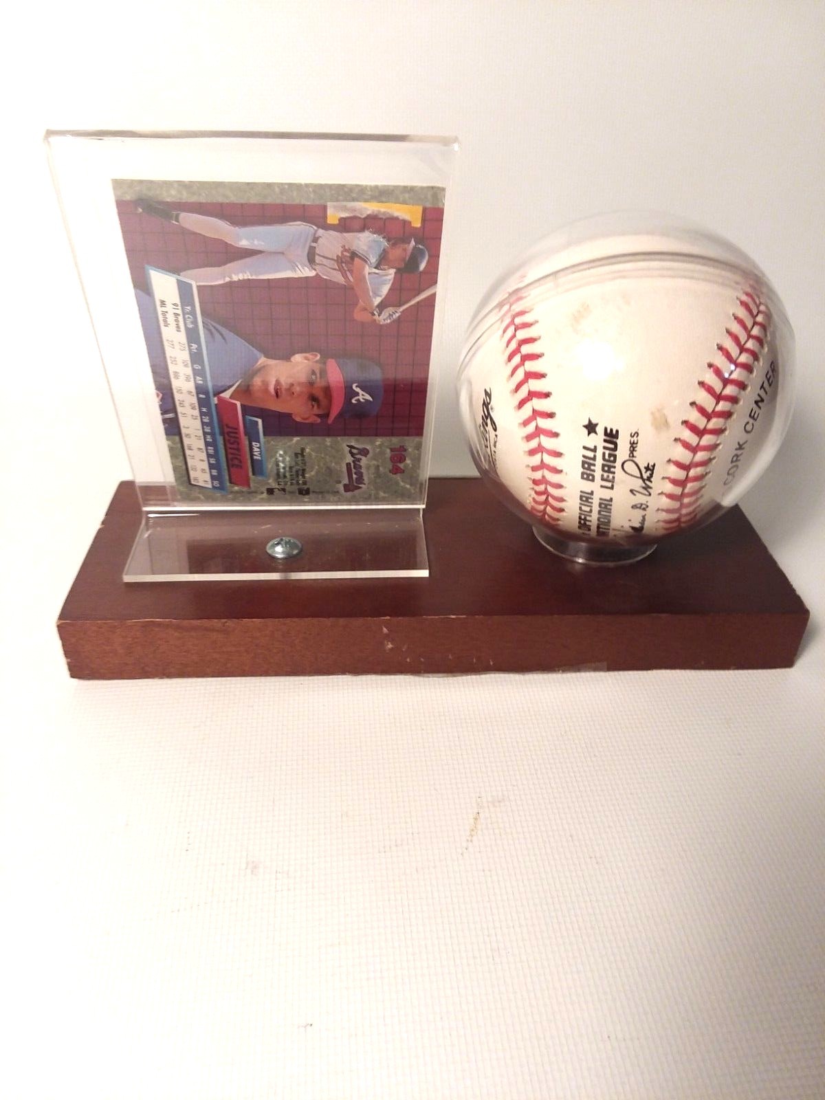 Dave Justice Sighned Baseball And  Card With Wooden Plack