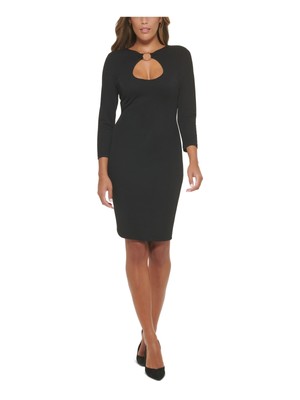 CALVIN KLEIN Womens Black Jersey Lined O-ring Hardware Cutout 3/4 Sleeve Dress 8