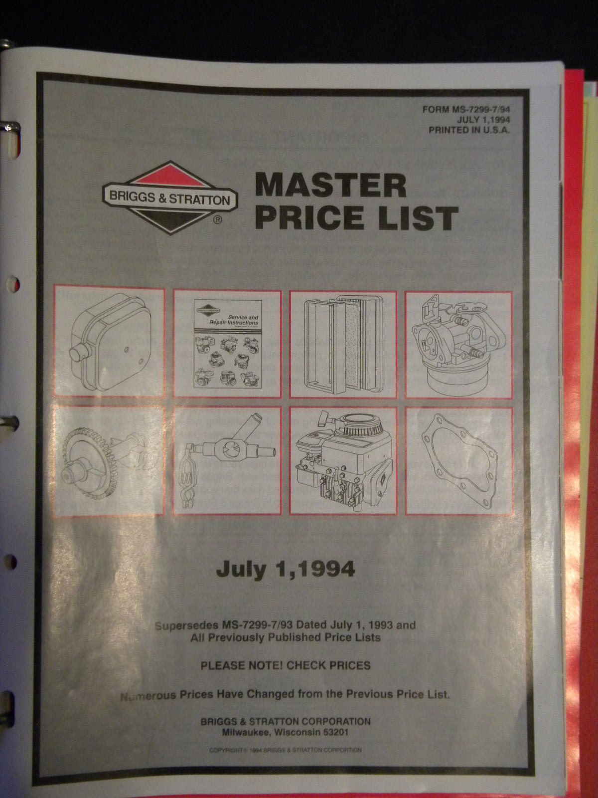 Briggs & Stratton Manual, Brochure, Updates,Parts List, Maintenance Instructions
