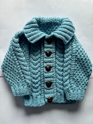 Hand Knitted Baby 3-6 Month Blue Aran Cardigan / Jacket