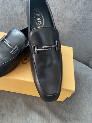 TOD'S Men's Doppia T Fine Black Leather Loafers shoes Horsebit Size 10.5