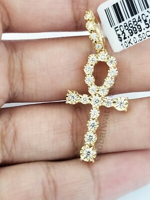Pre-owned Globalwatches10 10k Yellow Gold 0.50 Ct Diamond Ankh Cross Men Women Charm Pendant 1.5" Realgold