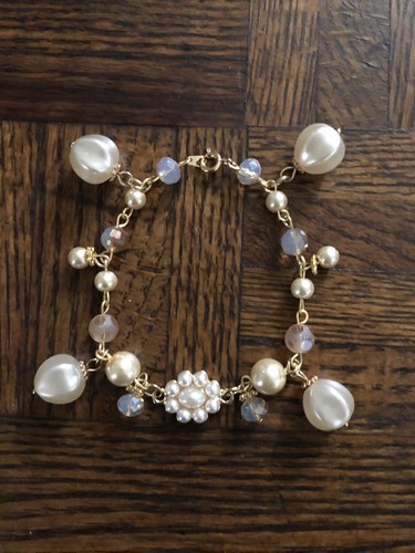 8” Handmade Gold Wired,White Pearl And Czech Glass Bracelet And Earrings