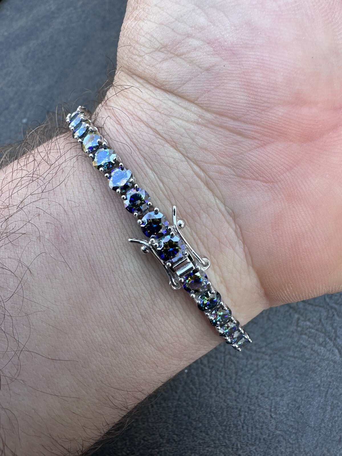 Pre-owned Silver Real Iced Dark Blue Moissanite 5mm Tennis Bracelet 925  Pass Diamond Test