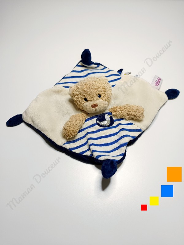 Doudou Plat/Mouchoir Ours Beige Bleu Marine RayÃ© Oiseau/Mouette - Pommette