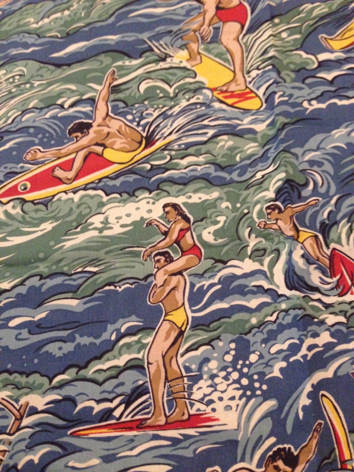 Vintage Hawaiian Polynesian Sport Surfer Beach Novelty Print Fabric-36