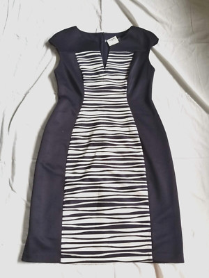 NWT Womens Dress-CONNECTED APPAREL-navy/white striped stretch pencil cap slv-10