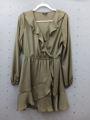 Express Women Size M Faux Wrap Mini Dress Olive Green Satin Ruffle Long Sleeve
