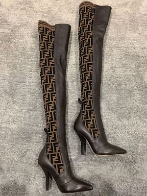 Pre-owned Fendi Rockoko Brown Ff Logo Stretch Knit Sock Thigh High Otk Heel Pump Boot 35