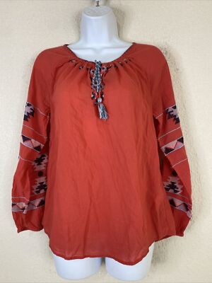 Lucky Brand Womens Size S Red Southwestern Embroidered Blouse Long Sleeve