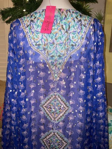 Pre-owned Lilly Pulitzer Jupiter Silk Maxi Caftan Blue Fan Favorite $548 S/m, L/xl In Multicolor