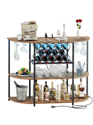 4 Tier Metal Coffee Bar Cabinet + Outlet LED Light Freestanding Floor Bar Table