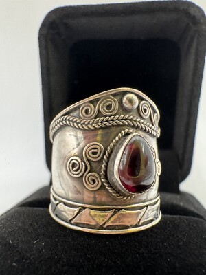 Sterling Silver & Garnet BALI Cigar Band Unique Handmade Ring