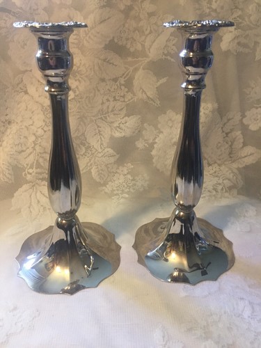 Vtg Silver On Copper Makers Mark Is Unicorn    9 7/8” Tall Pair Of Candlesticks