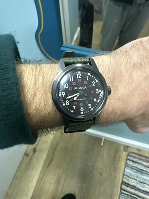 Bulova Hack 38MM Black Dial Military Green Leather Strap Bulova Hack 38MM Black Dial Military Green Leather Strap