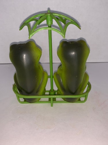 Vintage Green Plastic Frog Salt and Pepper Shakers with Holder