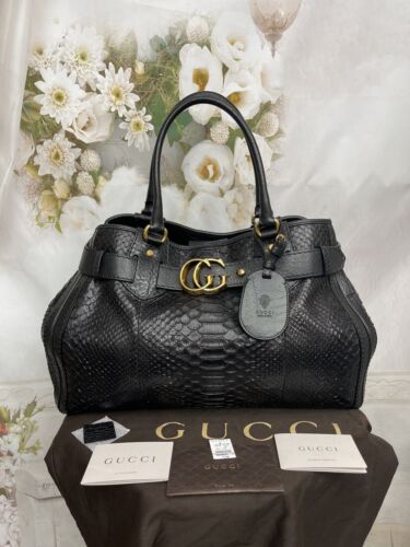 GUCCI Python Large GG Running Tote Black Smooth Leather Trim GUCCI Python Large GG Running Tote Black Smooth Leather Trim